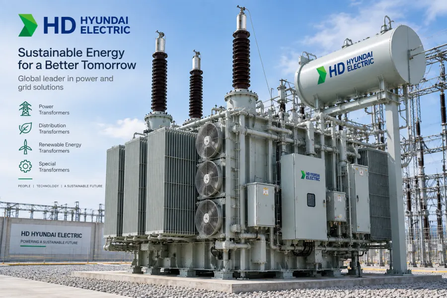 HD Hyundai Electric power transformer for global utility substations, renewable energy, industrial facilities and high-voltage grid projects featured in the Top 10 Transformer Manufacturers in the World 2026 guide