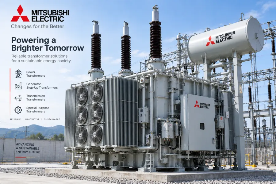 Mitsubishi Electric large power transformer for high-voltage utility substations, power generation and transmission grid applications featured in the Top 10 Transformer Manufacturers in the World 2026 guide