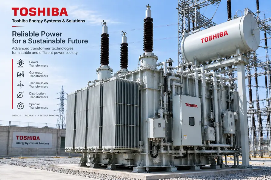 Toshiba Energy Systems & Solutions high-voltage power transformer for utility transmission, power generation and substation projects featured in the Top 10 Transformer Manufacturers in the World 2026 guide