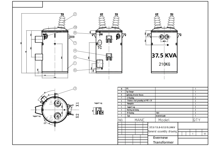 37.5 Kva Single Phase Power Pole Transformer | Evernew Transformer