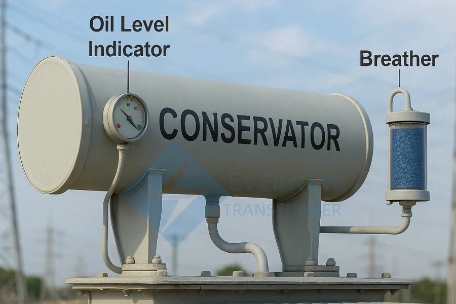Realistic diagram of a transformer conservator tank showing structure, sealing system, and components