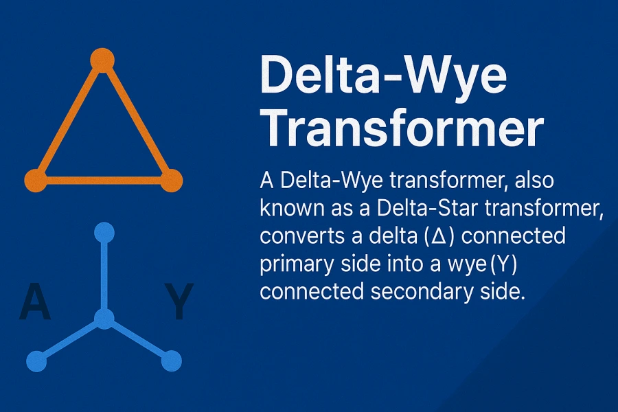 Delta-Wye transformer diagram with labeled delta and wye winding connections used in electrical power systems.