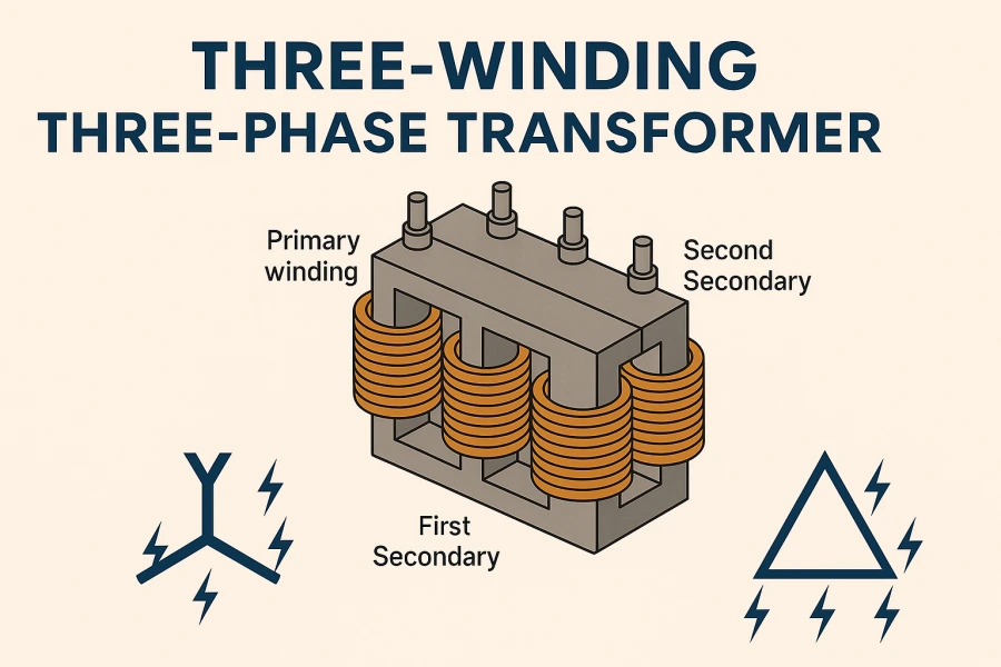 Multi-voltage three-winding transformer for renewable energy and industrial power systems with primary, secondary, and tertiary windings.