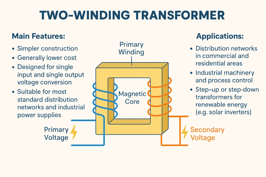 Standard two-winding transformer showing primary and secondary windings around a magnetic core for conventional power transfer.