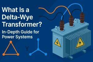 Delta-Wye transformer diagram showing primary delta and secondary wye connections for power systems.