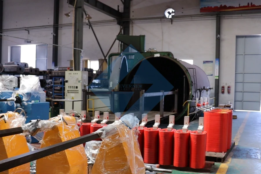 Cast resin dry type transformer installed in European industrial factory with Evernew Transformer branding, suitable for North American and European markets.