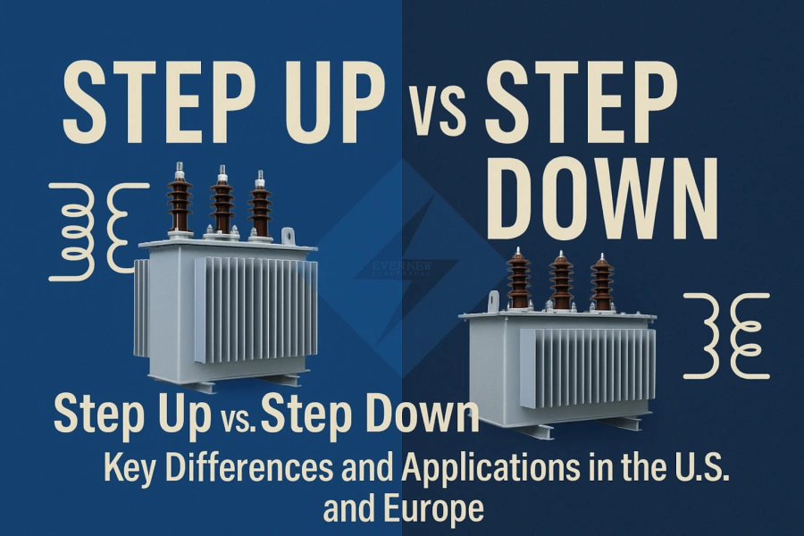 Comparison of step-up and step-down power transformers with voltage applications in U.S. and European energy systems