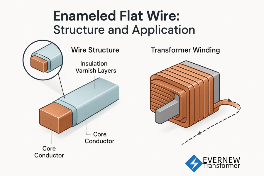 Structural diagram of enameled flat copper and aluminum wire by Evernew Transformer, designed for transformers, motors, and reactors, serving North and South American markets.