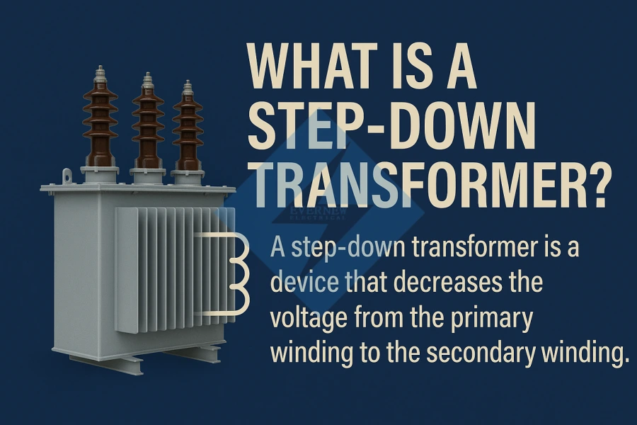Illustration of a step-down transformer used to reduce high voltage for safe residential, commercial, and EV charging applications.