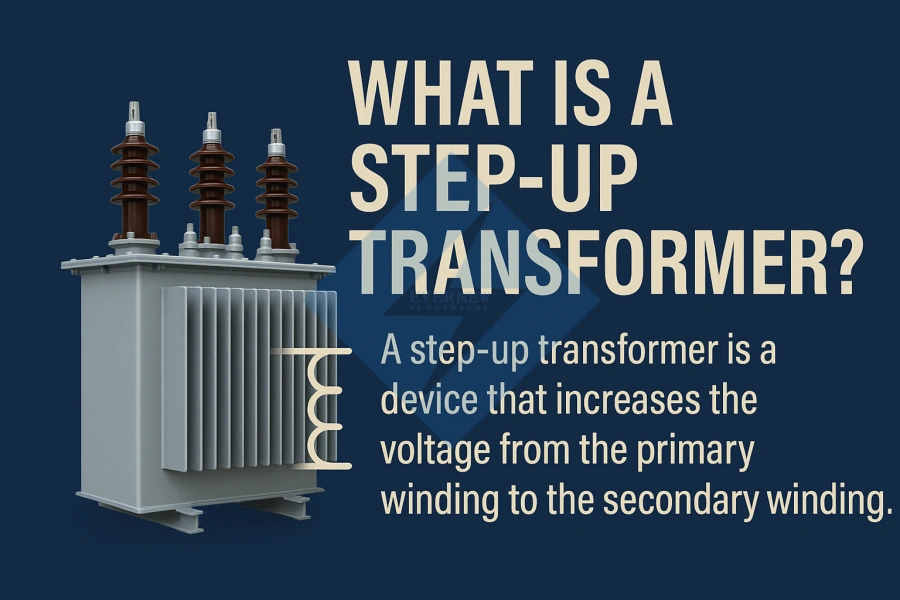 Diagram and explanation of a step-up transformer used to increase voltage for long-distance transmission and industrial applications.