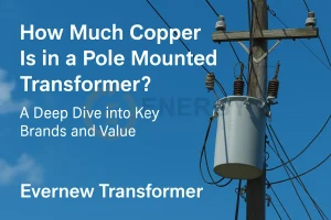 Pole-mounted transformer with high copper content for superior performance, manufactured by Evernew Transformer for power projects in the USA, Canada, Brazil, UK, Germany, France, Netherlands, Spain, Italy, Australia, and Portugal.