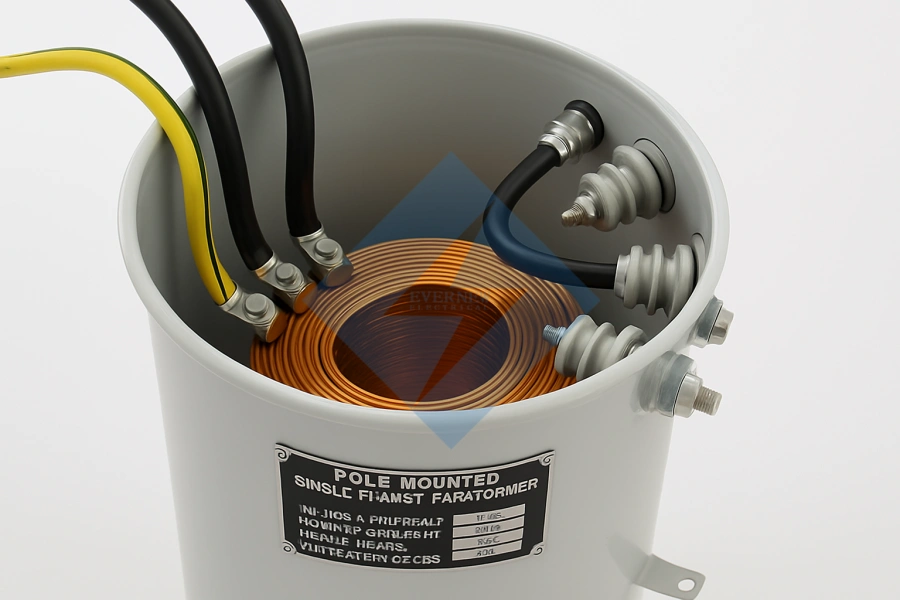 Pole-mounted transformer with high-grade copper windings, manufactured by Evernew Transformer for reliable power supply in the USA, Canada, Brazil, UK, Germany, France, Netherlands, Spain, Italy, Australia, and Portugal.