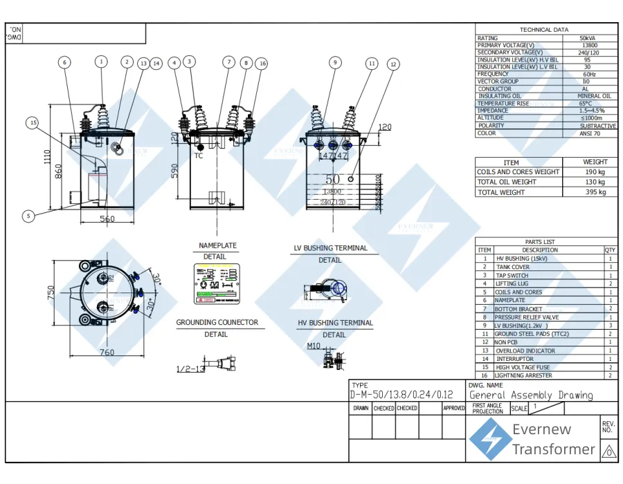 Evernew Transformer 50KVA pole mounted distribution transformer diagram for global markets including USA, Canada, UK, Germany, France, Spain, Italy, and more