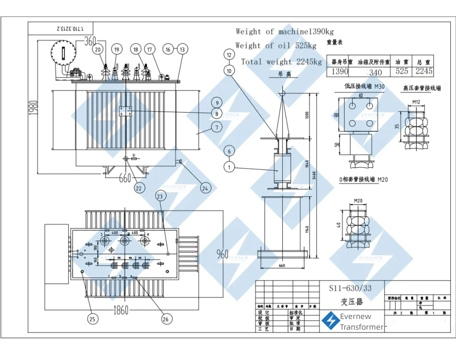 Evernew Transformer 630kVA oil distribution transformer diagram for utility and industrial power networks in USA, Canada, Europe, Asia, and global markets