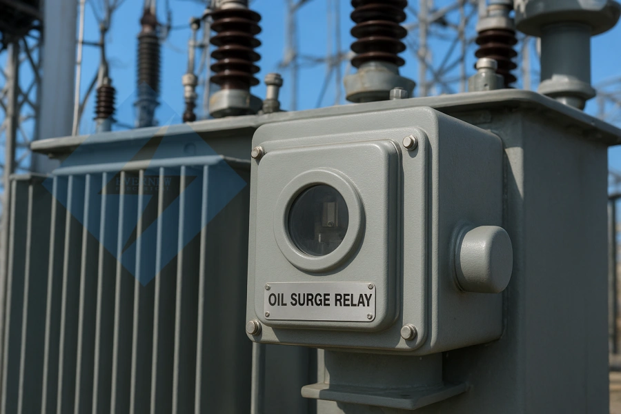 Close-up of an Evernew Oil Surge Relay (OSR) installed on a large oil-immersed transformer. Essential protection for industrial and utility applications in North America.