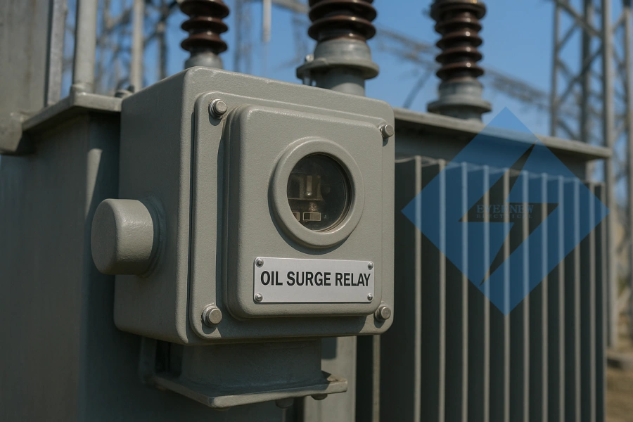 Oil Surge Relay installed on an Evernew oil-immersed transformer. Essential protection device for North and South American power grids.