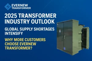 Global transformer industry outlook 2025 banner showing power grid, pad-mounted transformer, and Evernew Transformer brand highlighting manufacturing strength and fast delivery