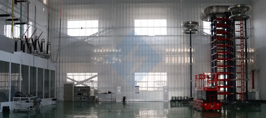 Prototype grounding transformer undergoing testing and inspection at Evernew factory, showing engineers and equipment.