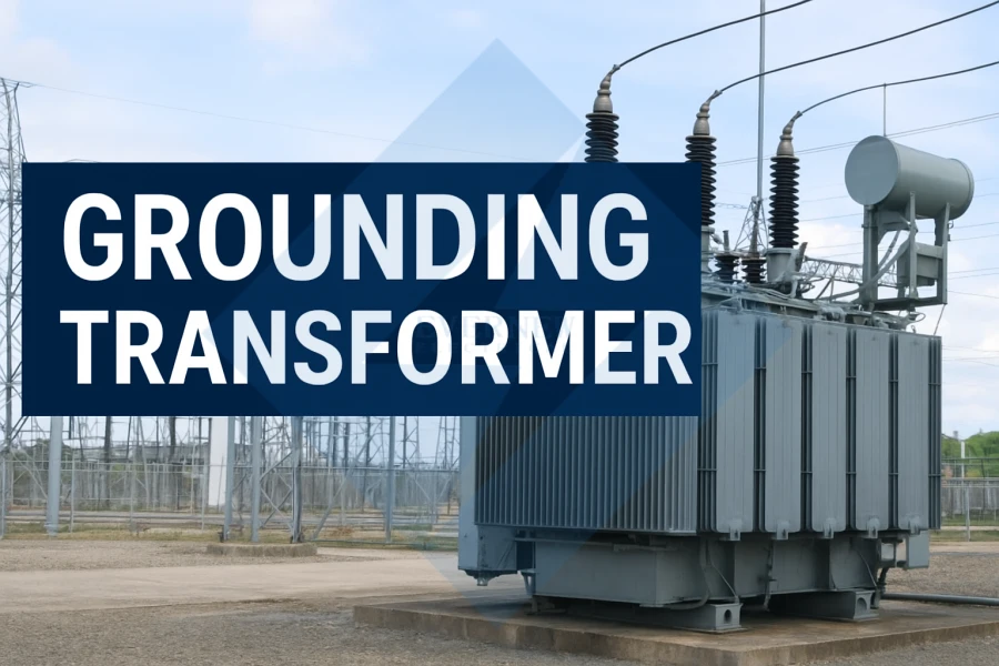 Grounding transformer used in power distribution systems, showing oil-immersed corrugated tank design and neutral grounding configuration.