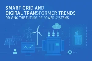 Smart grid network with digital transformers and renewable energy integration, illustrating future power system trends.