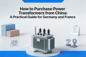 High-voltage power transformer with map highlighting China, Germany, and France, representing international transformer procurement and logistics