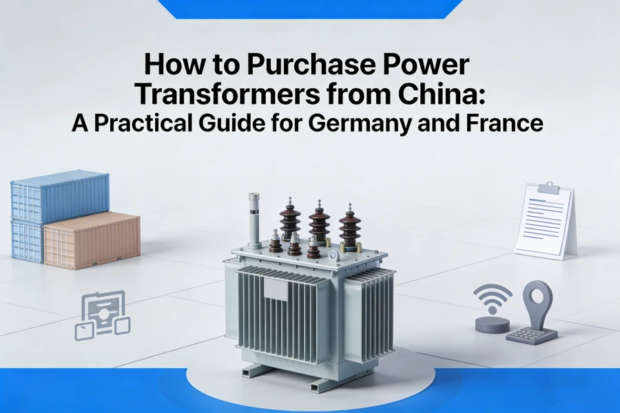 High-voltage power transformer with map highlighting China, Germany, and France, representing international transformer procurement and logistics