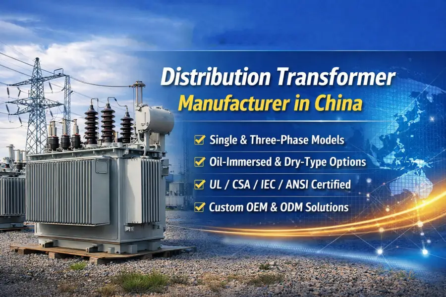 High-quality distribution transformer manufactured by Evernew Transformer in China, single & three-phase, oil-immersed and dry-type, industrial outdoor setting.