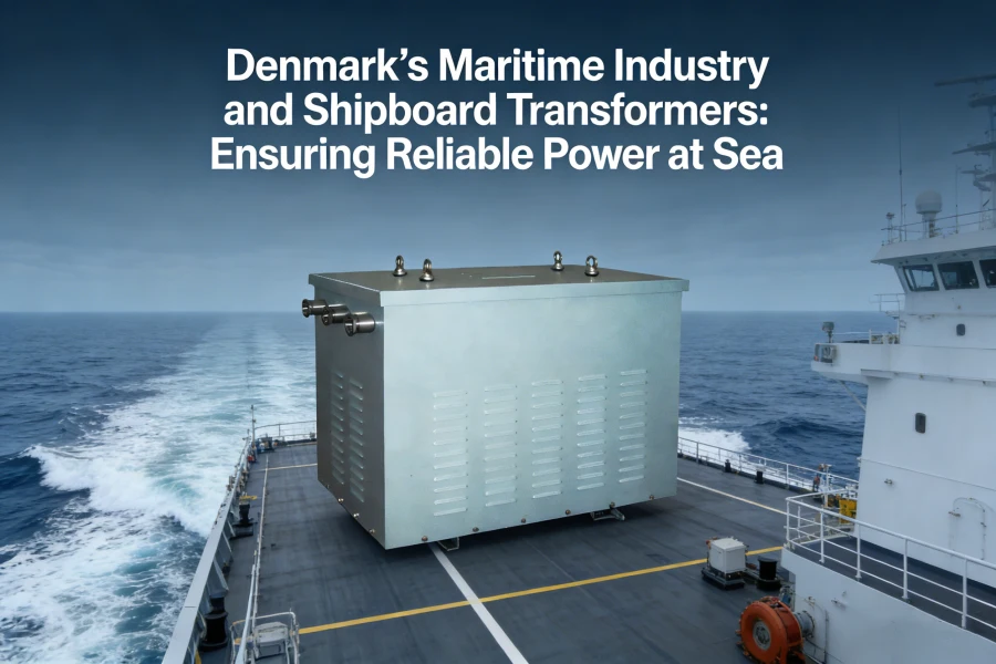 High-performance shipboard transformer installed on a Danish cargo vessel, ensuring uninterrupted and reliable electrical power for critical onboard systems in challenging marine environments.