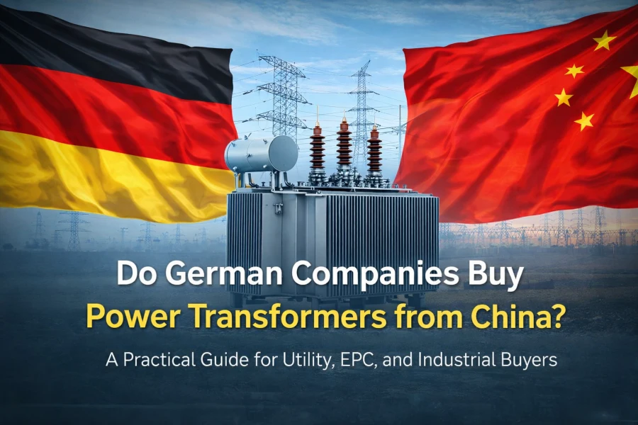 High-voltage power transformers in a modern factory, representing Chinese-manufactured transformers for German utilities and industrial substations, compliant with IEC and IEEE standards.