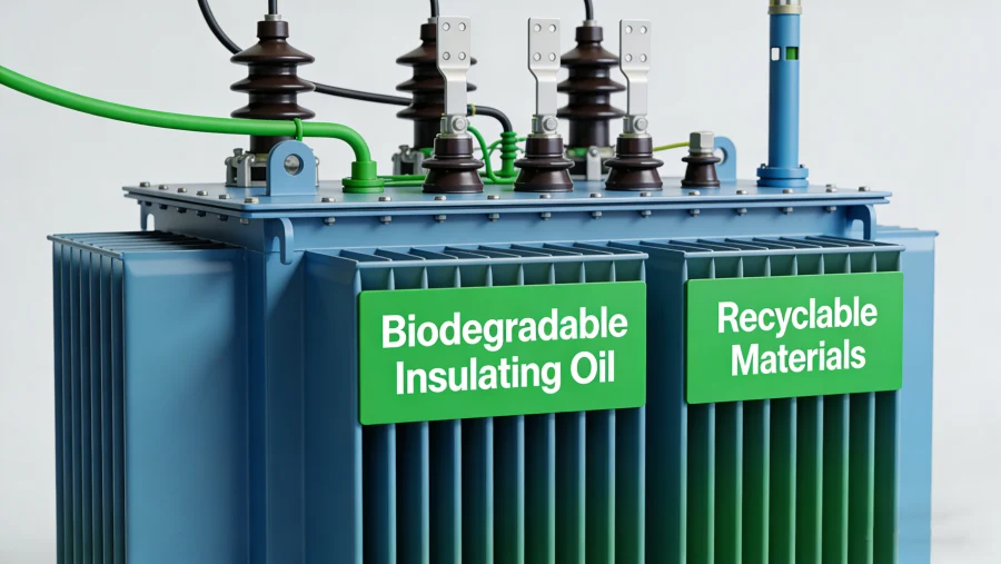 Eco-friendly green power transformer featuring biodegradable insulating oil, advanced noise reduction technology, and low lifecycle carbon footprint for sustainable energy solutions in 2026 – Evernew Transformer.