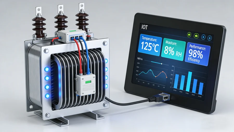 Smart power transformer with IoT monitoring, real-time temperature and partial discharge detection, and digital predictive maintenance capabilities for 2026 smart grids – Evernew Transformer.