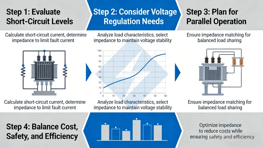 Comparative visual showing how transformer impedance (Z%) affects project cost, system safety, and operational efficiency, highlighting optimal selection for industrial and utility power systems, by Evernew Transformer.
