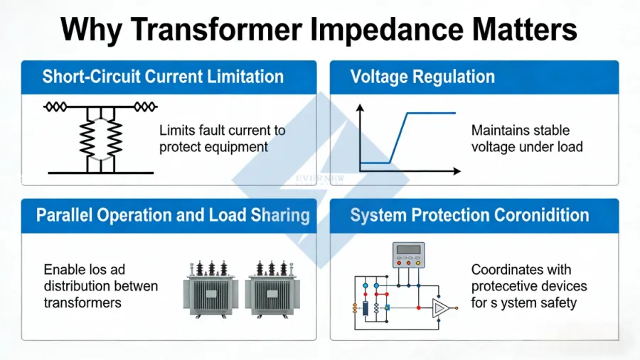 Flowchart showing the step-by-step process for designing and selecting transformer impedance (Z%) to optimize system performance, voltage regulation, short-circuit protection, and operational efficiency, by Evernew Transformer.