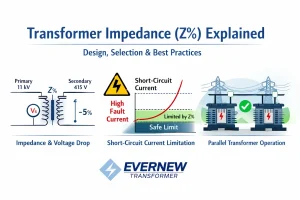 Illustration and guide explaining transformer impedance (Z%), its impact on short-circuit current, voltage regulation, and parallel operation, with practical design and selection strategies for industrial and utility projects, by Evernew Transformer.
