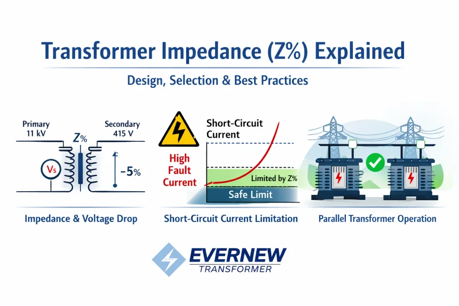 Illustration and guide explaining transformer impedance (Z%), its impact on short-circuit current, voltage regulation, and parallel operation, with practical design and selection strategies for industrial and utility projects, by Evernew Transformer.
