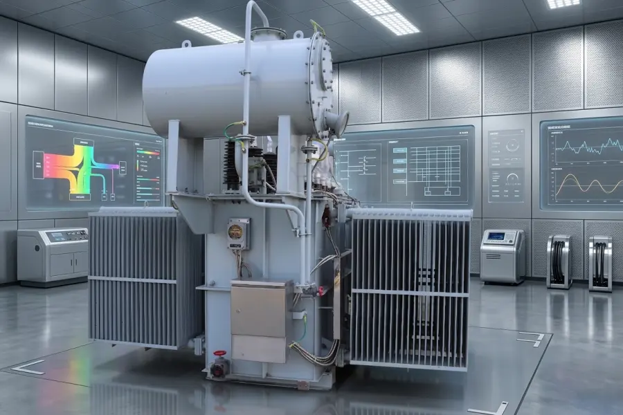 High efficiency 33/11kV power transformer engineered with copper windings inside the heavy-duty production bay of Evernew Transformer.