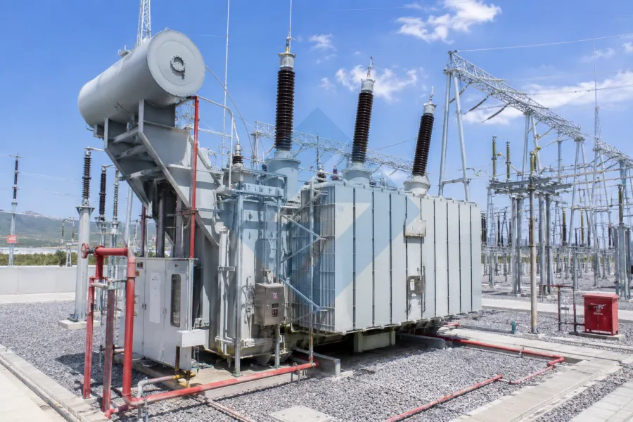 High voltage electrical substation step up transformer used for power transmission and grid stability in a utility-scale outdoor substation project by Evernew Transformer.