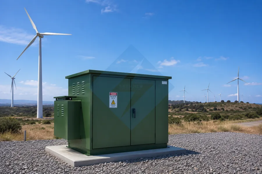 Wind farm step up transformer installed in a renewable energy project for high-voltage grid connection and efficient wind power transmission by Evernew Transformer.