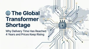 Global transformer shortage concept showing power transformers, grid infrastructure, and industrial energy equipment with supply chain and procurement challenges