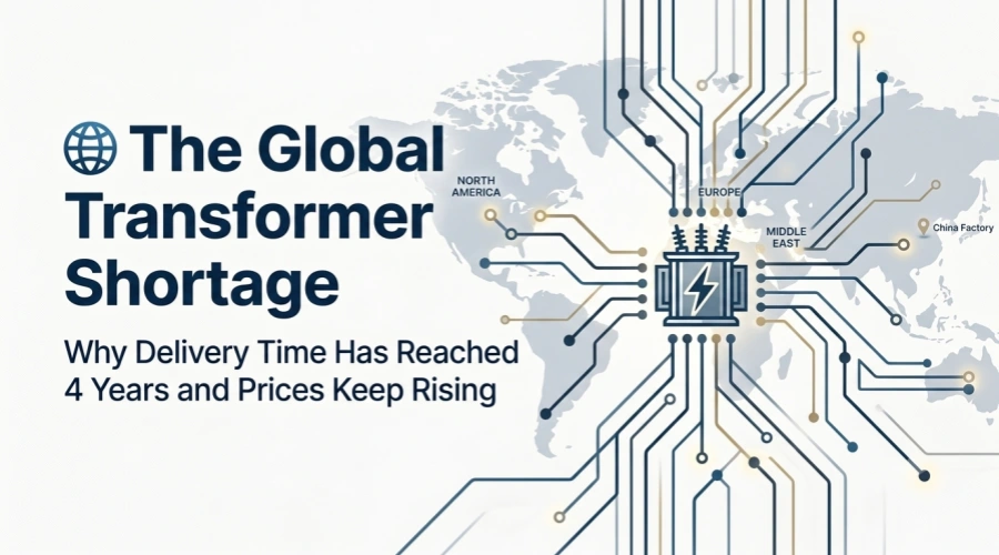 Global transformer shortage concept showing power transformers, grid infrastructure, and industrial energy equipment with supply chain and procurement challenges
