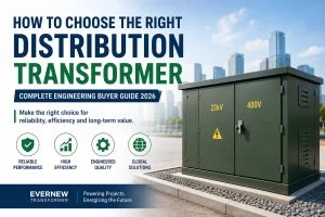 How to choose distribution transformer showing key parameters such as 11kV or 33kV primary voltage, 0.4kV secondary voltage, 25kVA to 2500kVA capacity range, ONAN cooling system, Dyn11 vector group, copper or aluminum winding comparison for industrial power projects