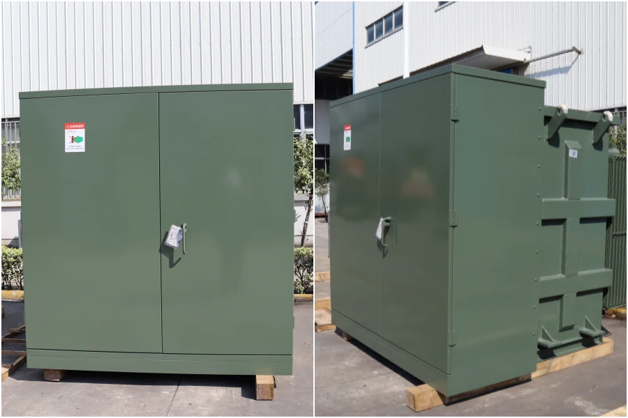 Pad mounted distribution transformer 11kV 22kV 33kV primary voltage 0.4kV secondary voltage 50Hz 100kVA to 2500kVA capacity copper winding oil immersed tank hermetically sealed structure outdoor compact substation underground utility distribution urban power grid