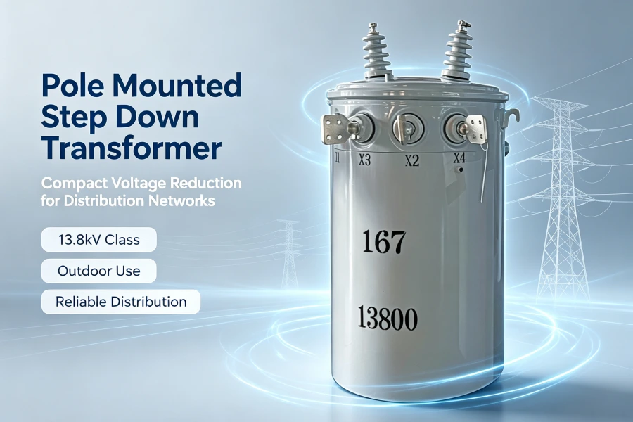 Pole mounted step down transformer manufacturer in China, custom overhead distribution transformer supplier for utility power networks, single phase and three phase transformers for USA, Canada, Mexico, Africa and global electrical distribution systems
