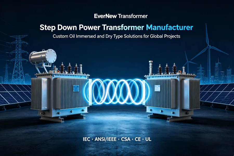 Step down power transformer manufacturer in China, custom industrial and utility transformer supplier for voltage conversion, oil immersed and dry type transformers from 15kVA to 500MVA for global power distribution systems