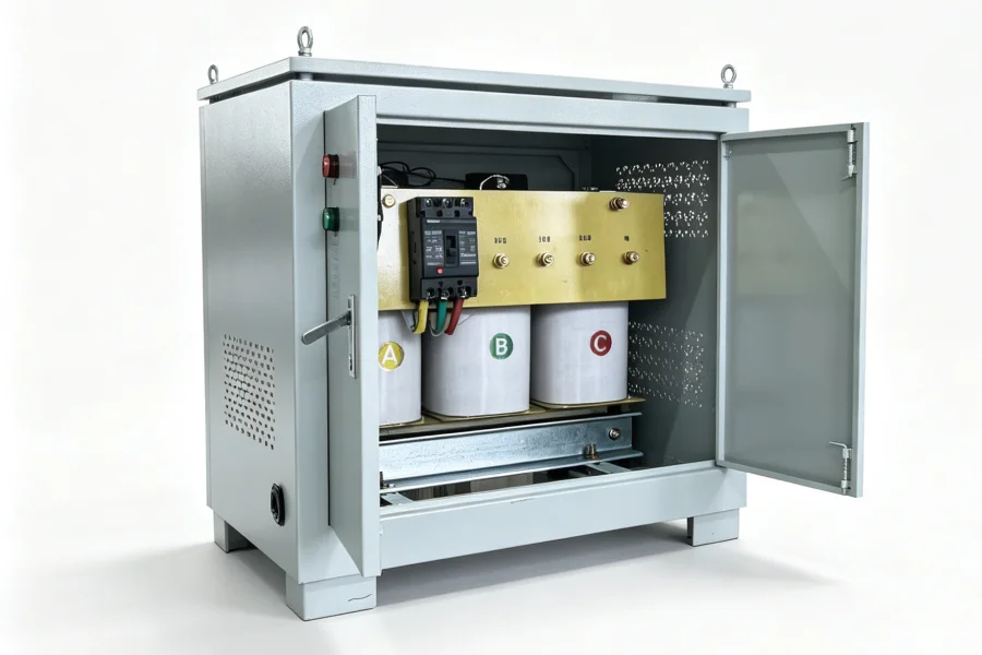 Cabinet dry type three phase isolation transformer with open enclosure and copper windings for industrial applications