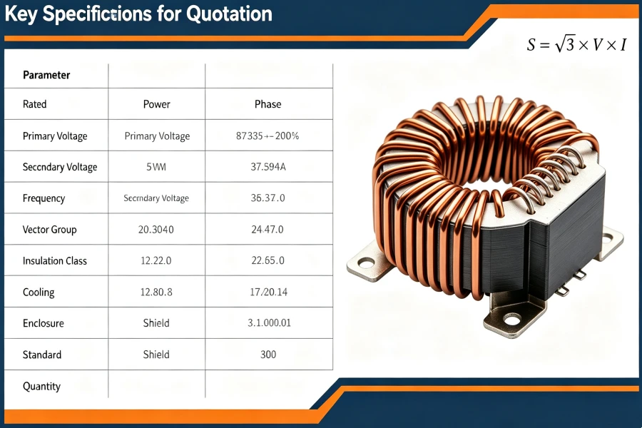 Isolation transformer key specifications and selection guide showing kVA, voltage, vector group, frequency, impedance and RFQ parameters
