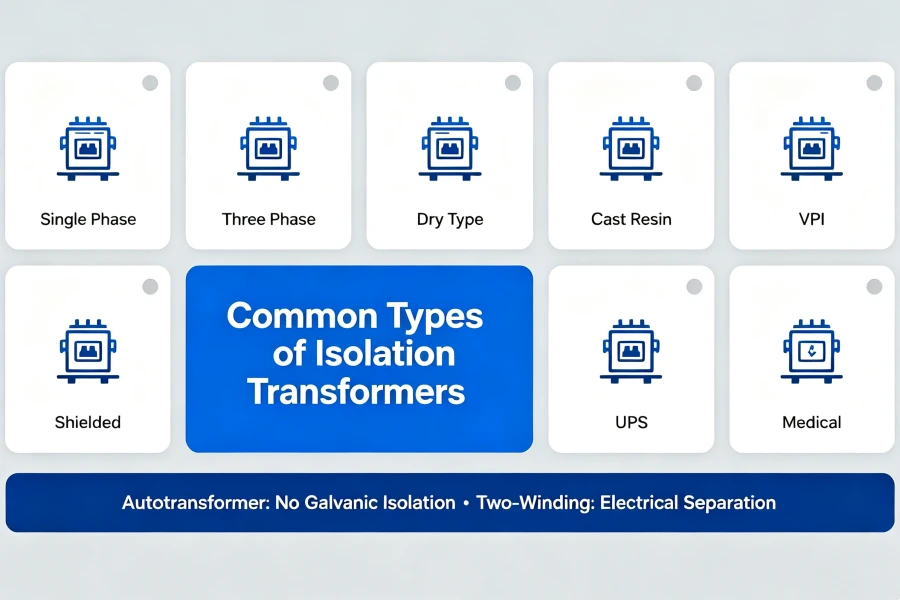 Common types of isolation transformers including single phase, three phase, dry type, cast resin, VPI and shielded industrial transformers