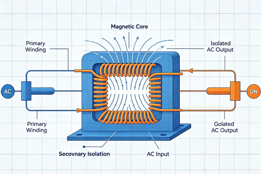 Isolation transformer working principle showing galvanic isolation between separate primary and secondary windings