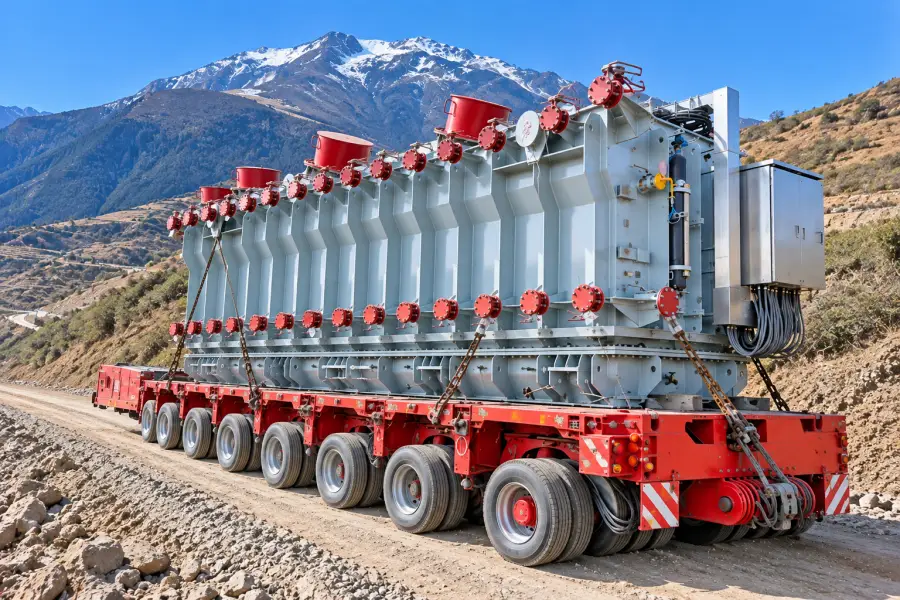 220kV high-voltage power transformer transported by heavy-duty multi-axle trailer to a high-altitude solar photovoltaic substation project site in Tibet, China by EverNew Transformer
