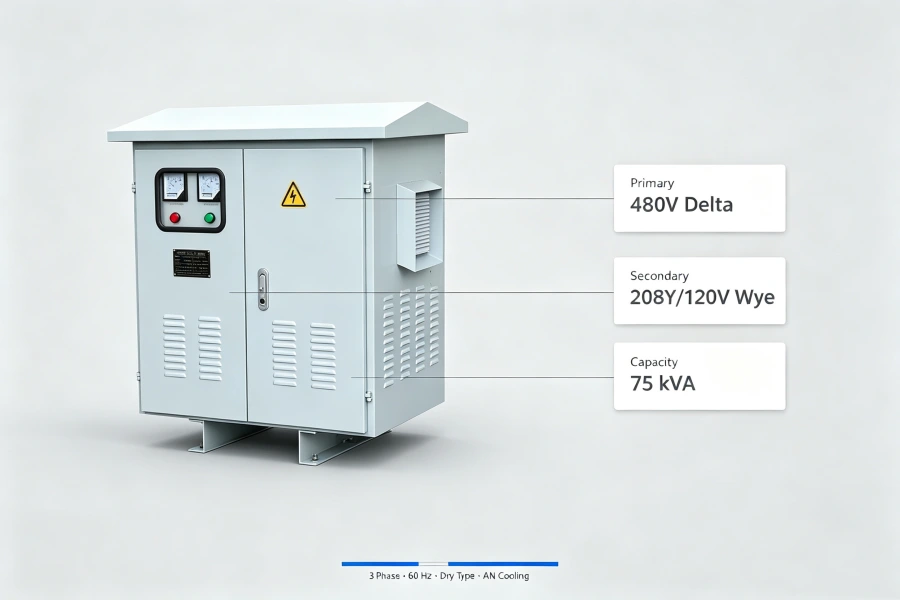 75 kVA 3 Phase Dry-Type Distribution Transformer 480V Primary to 208Y/120V Secondary with NEMA Rated Cabinet for Commercial and Industrial Power Distribution, Transformer Manufacturer Factory for USA, Canada, Mexico and Saudi Arabia